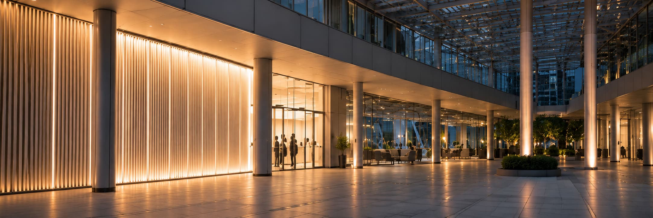 Mall concourse at night, a tall fluted wall grazed by warm light running the length of it, the glazed atrium open beyond.