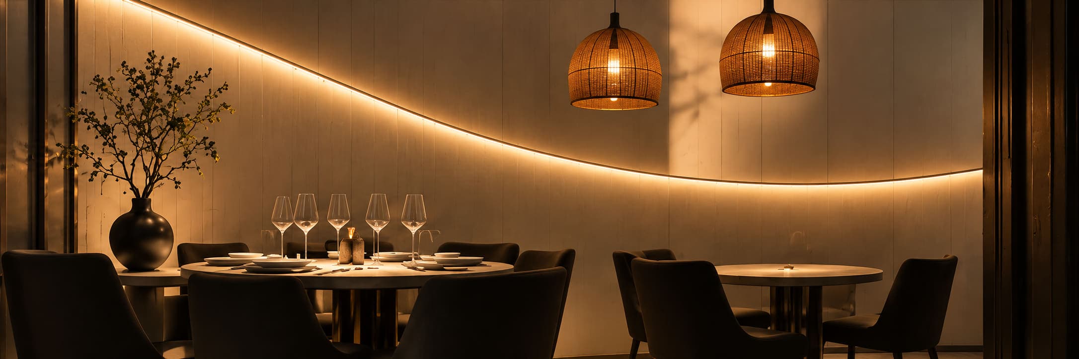 Dining room at night, a single curved cove line sweeping the wall behind a laid table with two woven pendants hung low over it, a second table set beyond.