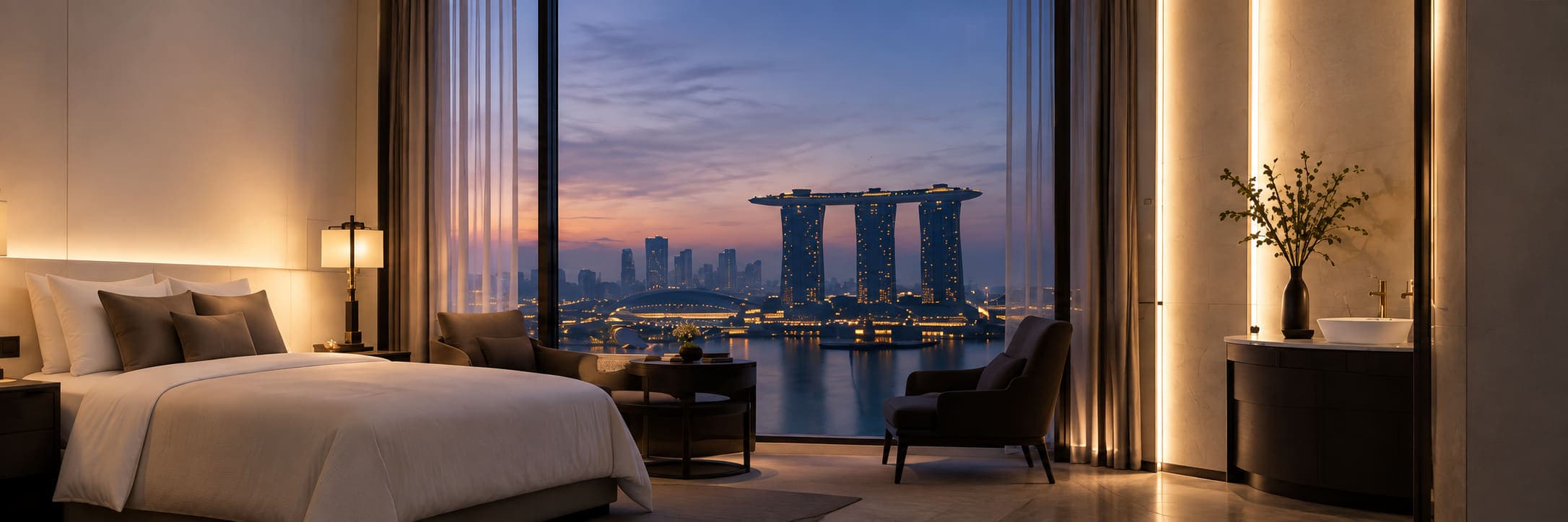 Guestroom at dusk, a concealed strip washing the headboard wall and a bedside lamp lit warm against the Marina Bay skyline beyond the glass.