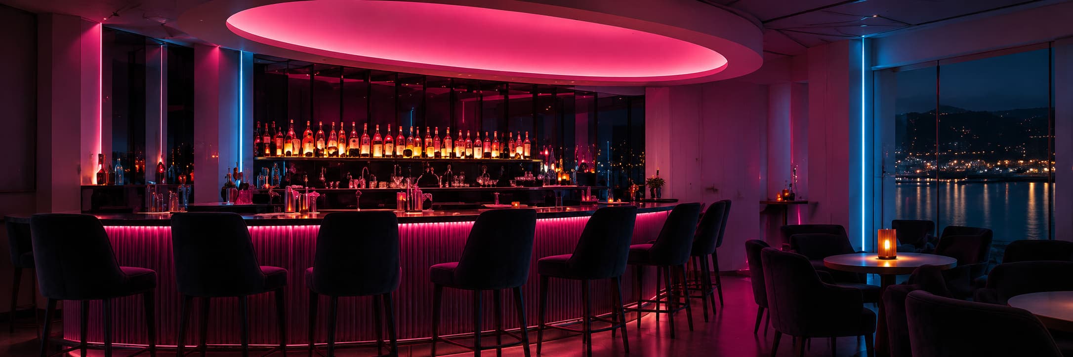 Bar at night under a magenta-lit oval cove, cool blue columns to either side and the marina beyond the window.