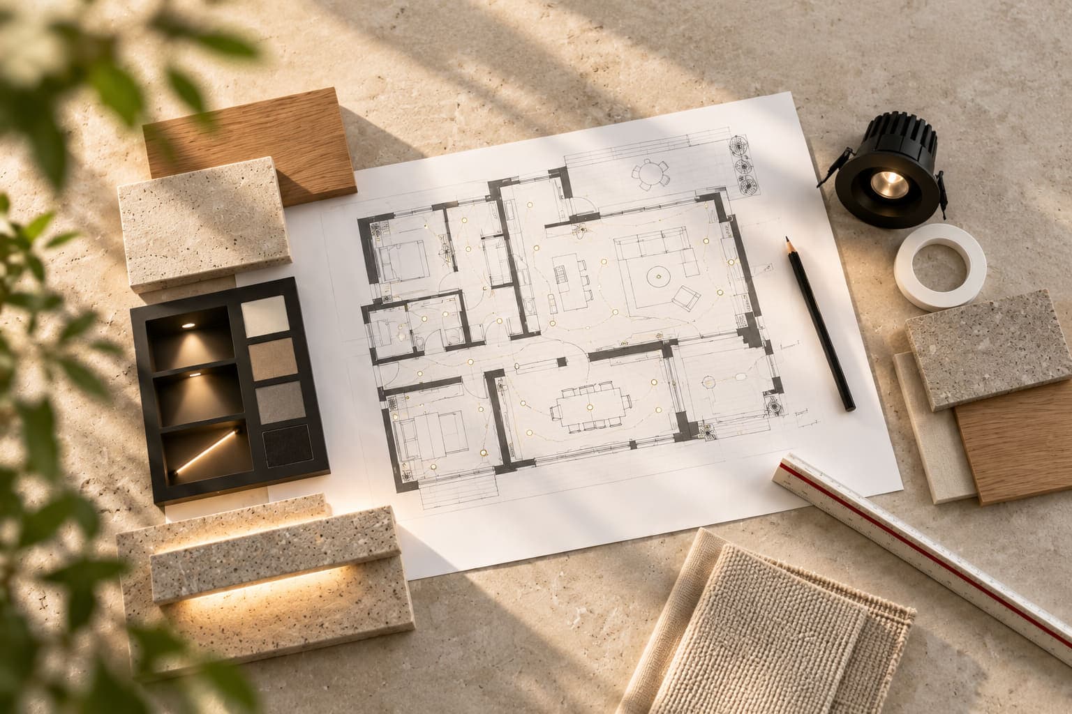 Overhead view of a lighting designer's worktable: a floor plan marked with luminaire positions, a recessed spotlight, finish samples in stone and oak, a lit LED strip mockup, pencil and scale ruler.